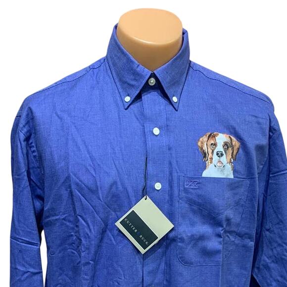 New Hand Printed Upcycled Large St Bernard Puppy Dog Mens Button Down Shirt - Picture 1 of 4